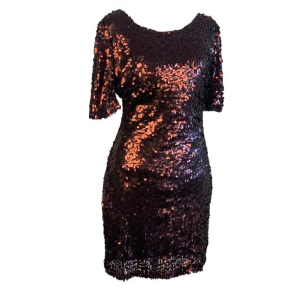 Ark & Co. Sequin 3/4 Sleeve Scoop Back Cocktail Mini Dress Chocolate Gold large